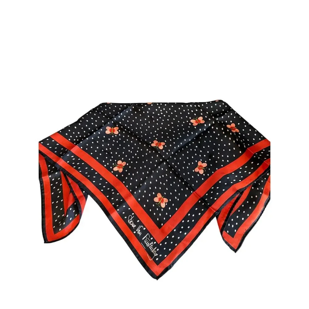 Vintage Diane Von Furstenberg Silk Scarf Black Orange Polka Dot Print